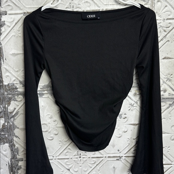 Cider Tops - Cider Elegant Black Long Sleeve boatneck ruched top